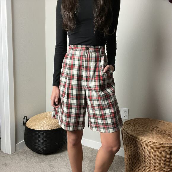 90s vintage red plaid minimalist cotton high waisted bermuda trouser mom shorts - Picture 4 of 7